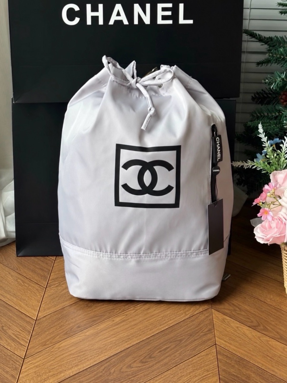 Chanel Beauty Silver Gray Drawstring Backpack
